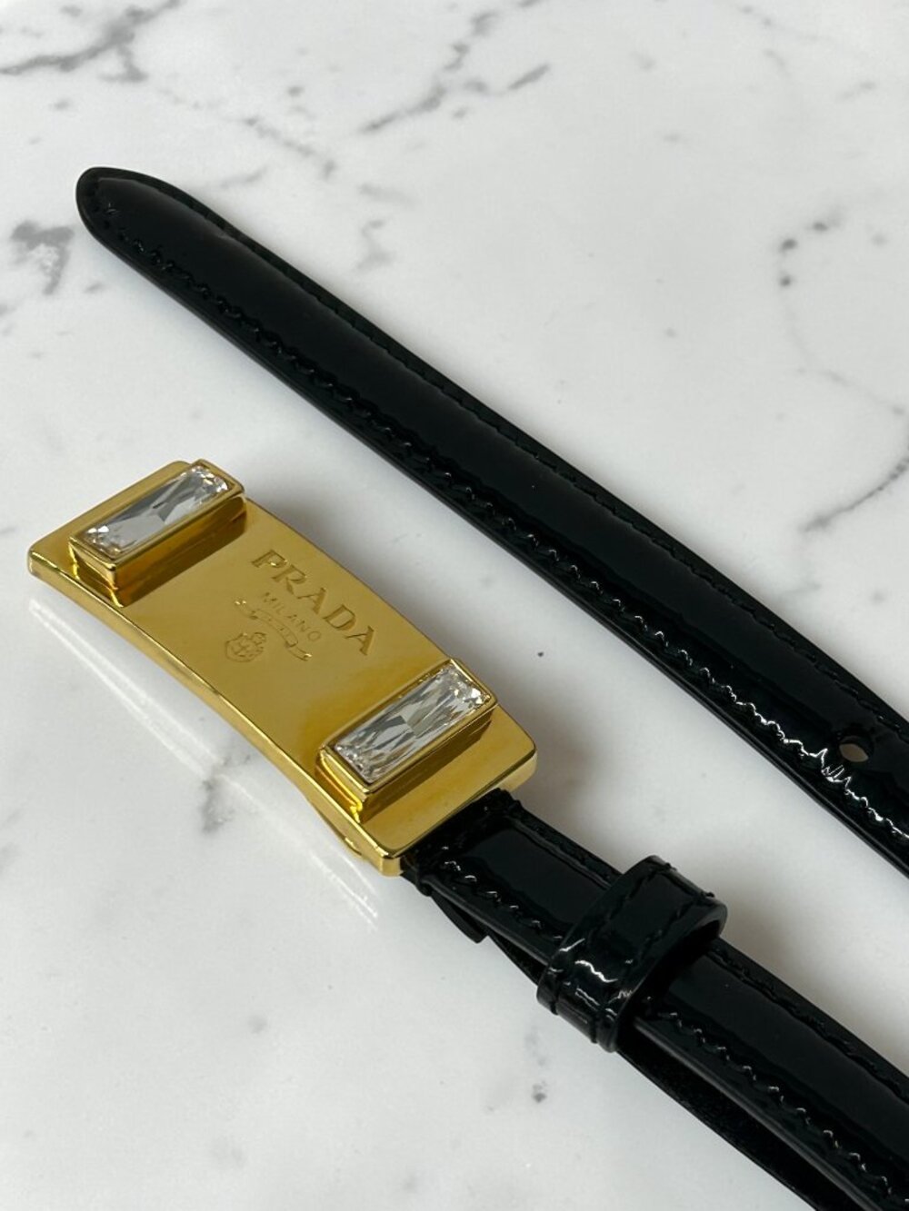 Prada Black Patent Leather Belt with Crystal-Embellished Gold Buckle